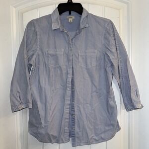 L.L. Bean Women's Blue Striped Sear sucker 3/4 Sleeve Blouse 100% cotton Small